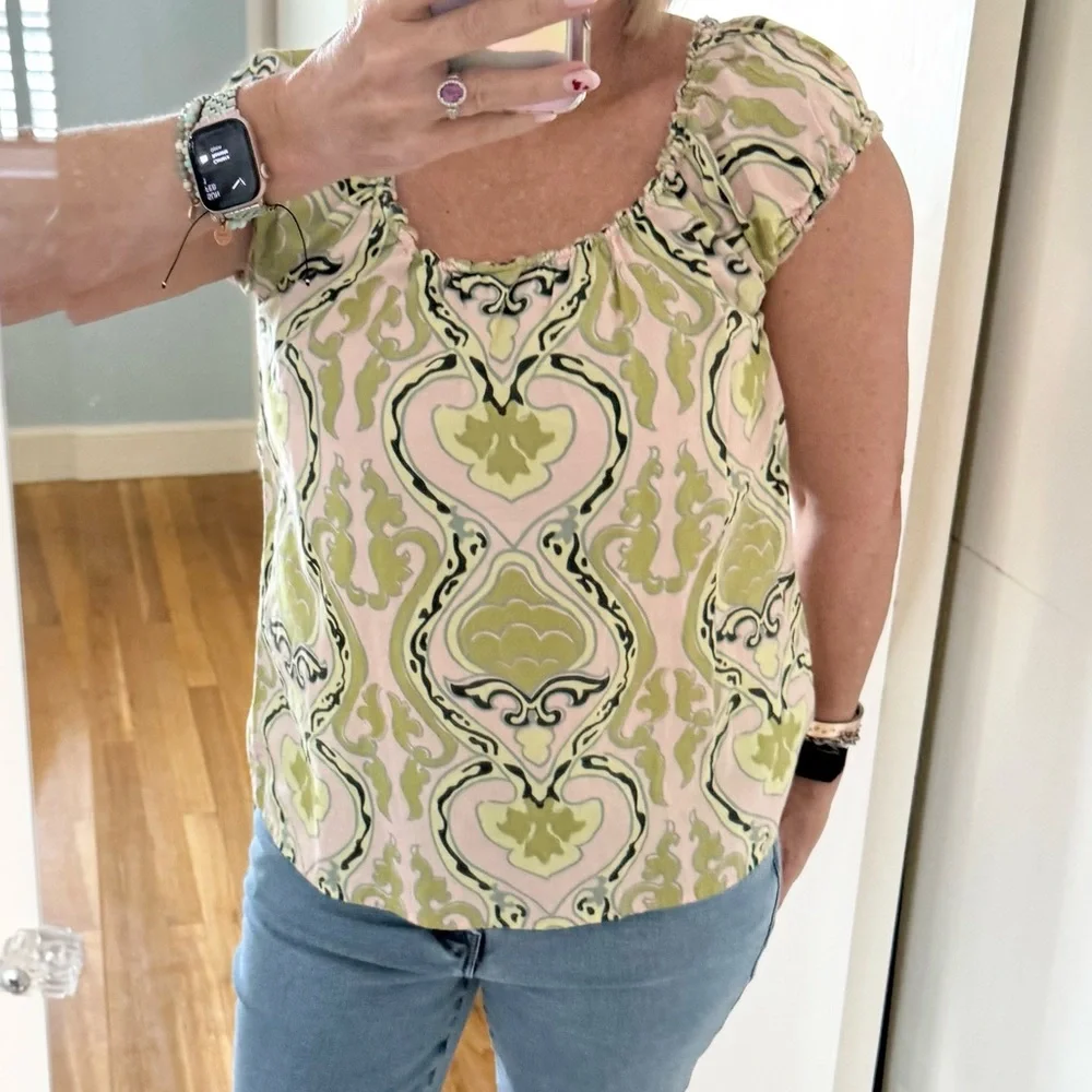 J.Crew Green & Pink Printed Smocked Top – Size S – 100% Cotton